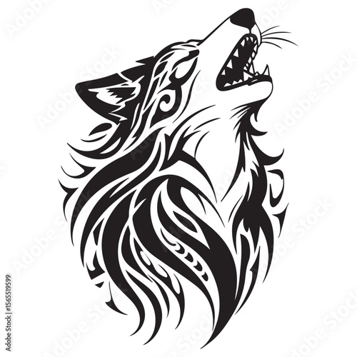 Stylized black tribal wolf howling with sharp teeth and fierce expression isolated on white background