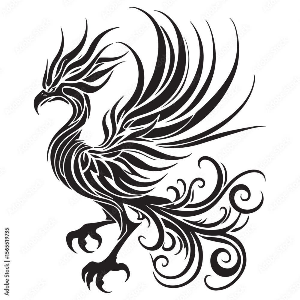 Fototapeta premium Stylized black tribal phoenix with flowing wings and tail on a white background
