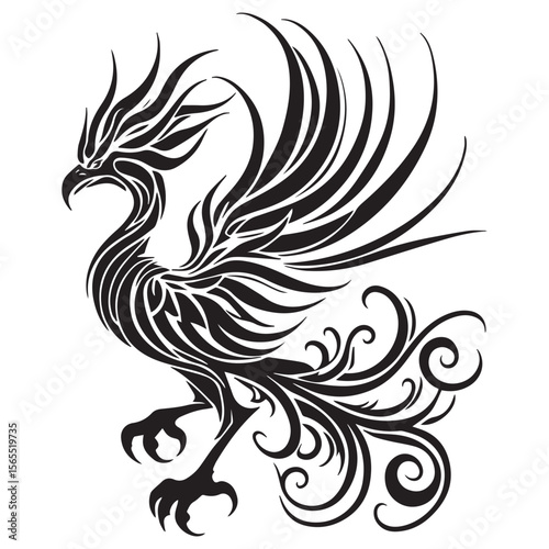 Stylized black tribal phoenix with flowing wings and tail on a white background
