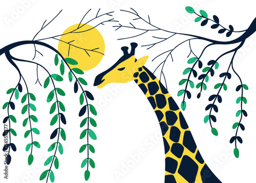 Surreal Giraffe with Braided Willow Neck and Leafy Vines Botanic Style Vector Art Design 