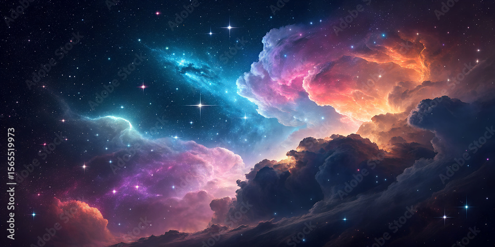 Fototapeta premium Vibrant cosmic nebula with glowing stars and colorful gas clouds