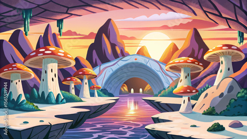 mystical cave interior filled with glowing mushrooms and ancient stone bridges cartoon perfect as a fantasy RPG map background or immersive magical game environment design