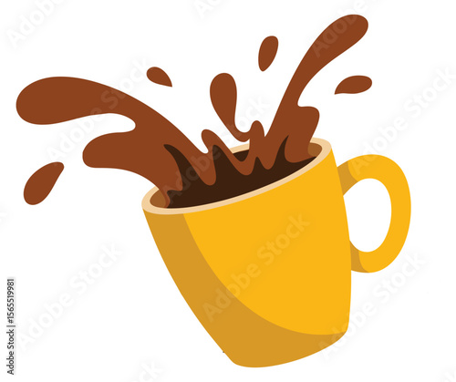 Dynamic coffee splash emerging from vibrant yellow mug, isolated on white background, representing energy, chaos, and liquid movement