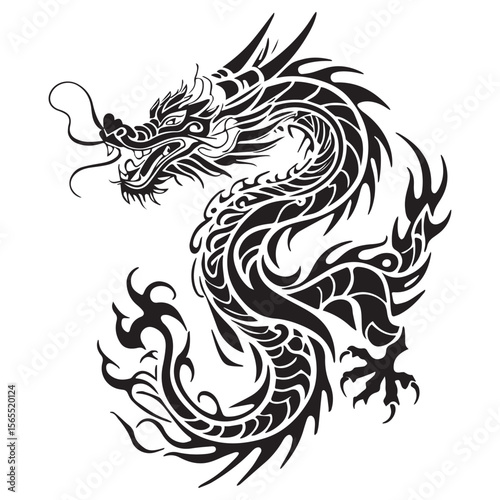 Intricate black tribal dragon tattoo design with sharp claws and spikes on a white background