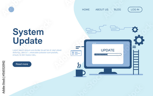 system update illustration with computer screen progress bar, gears, and tools representing digital maintenance and tech upgrade