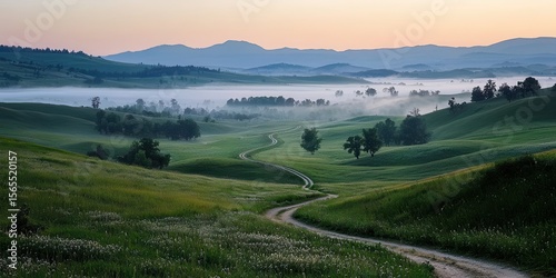 A winding dirt path cuts through lush green rolling hills under a misty sunrise with distant mountains and a soft pastel sky.