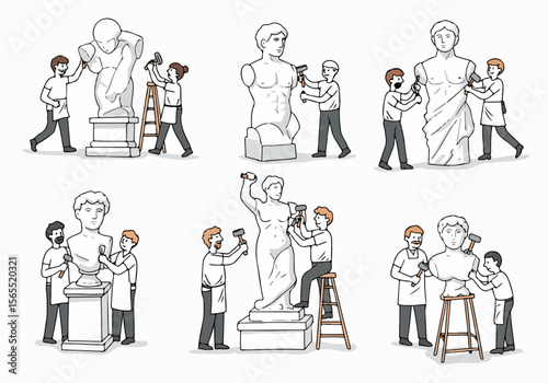 Set of illustrations depicting sculptors carving marble statues and busts from stone using hammers and chisels in a studio or workshop.