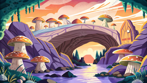 mystical cave interior filled with glowing mushrooms and ancient stone bridges cartoon perfect as a fantasy RPG map background or immersive magical game environment design