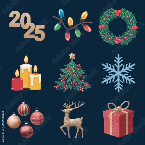 vector Happy New Year Celebrating 2025 in Latin letters , Christmas Decoration Items Santa Claus
