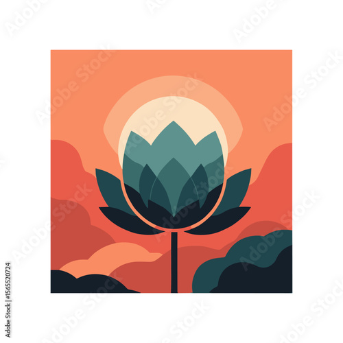 Flat Vector of Lotus Flower at Sunset