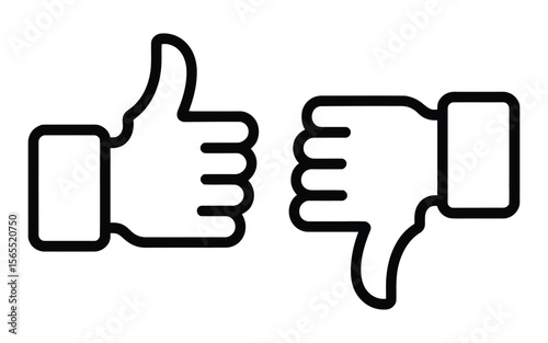 minimal black thumbs up and thumbs down icons set, vector feedback symbols representing approval and disapproval gestures on white background