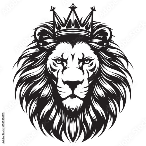 Majestic lion head with a regal crown symbolizing power strength and leadership in a striking black and white graphic