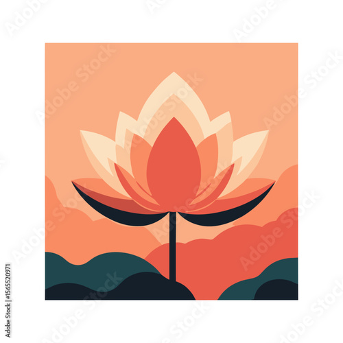 Flat Vector of Lotus Blossom in a Peaceful Landscape
