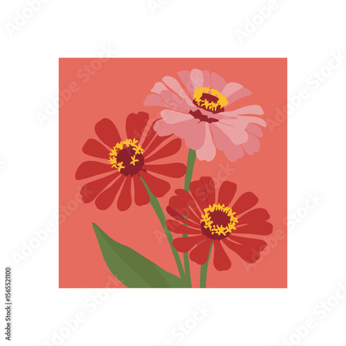 Flat Vector of A Trio of Blooming Zinnias