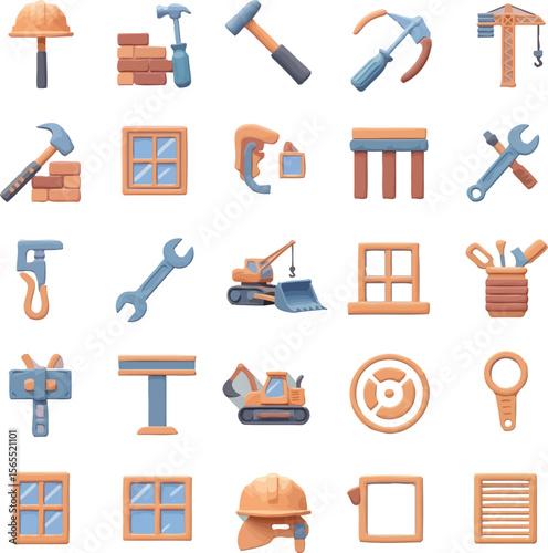 Construction tools and building elements including hard hats wrenches and excavators