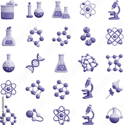Collection of purple science icons including molecules atoms D N A and lab equipment