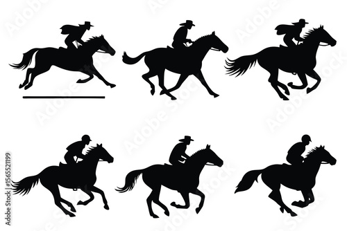 Six Black Horse and Rider Silhouettes in Action white
