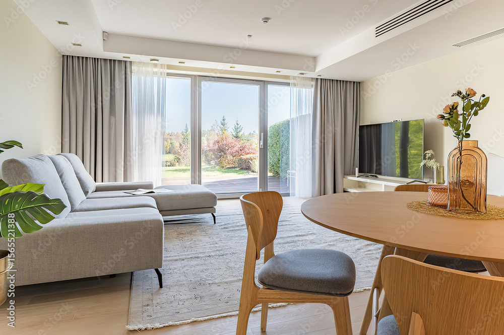 Fototapeta premium Modern luxury apartment interior in minimal scandinavian style, 3d rendering