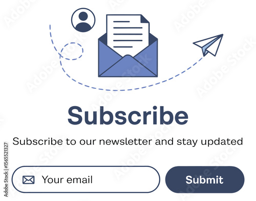 subscribe to newsletter concept with email icon, paper plane, and submit button for staying updated on latest news and information
