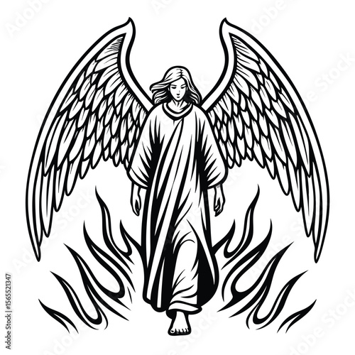 Black and white angel illustration with large wings and flames