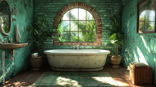 Rustic vintage bathroom with freestanding bathtub, green textured walls, arched window, indoor plants, and warm natural light creating a peaceful retreat.
