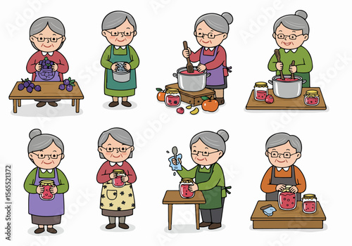 Illustrations showing a grandmother making homemade jam and preserves from collecting fruit to filling and sealing jars.