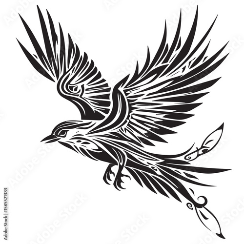 Stylized black tribal bird in flight with intricate feather details and a swirling tail on a white background