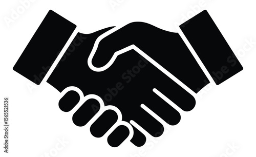 black handshake icon symbolizing agreement, partnership, cooperation, trust, and business deal in professional settings on white background