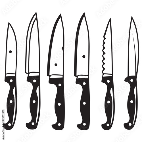 Set of six black and white kitchen knives with different blade types and handles arranged in a row