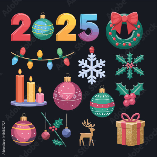 vector Happy New Year Celebrating 2025 in Latin letters , Christmas Decoration Items Santa Claus
