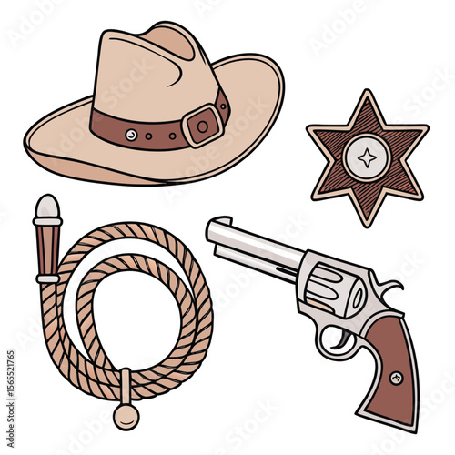 Cowboy Hat Sheriff Badge Lasso and Revolver Illustration