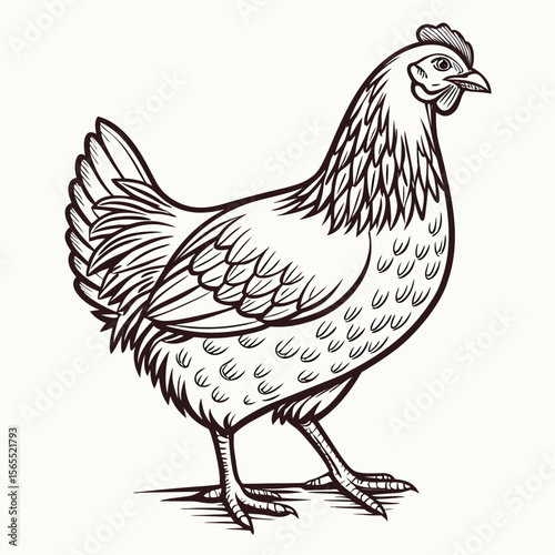 Detailed Hen Illustration in Black and White chicken