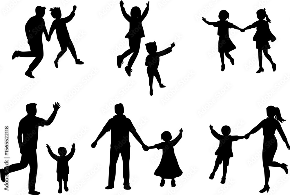 Obraz premium Silhouettes of families and children jumping, playing, and having fun together