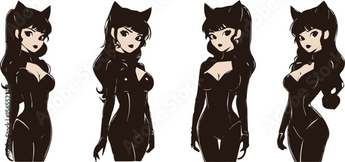 Four illustrations of a sexy catwoman posing in different positions, wearing a black latex bodysuit and cat ears