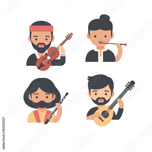 Flat Vector of Illustrations of Musicians Playing Traditional Instruments