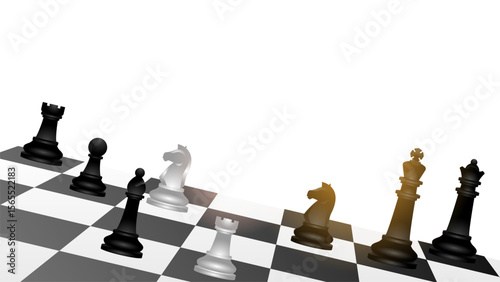 Chess pieces on chessboard design illustration, realistic vector of chess pieces, king, queen, bishop, knight, rook, and pawn with blank background copy space for replacement text