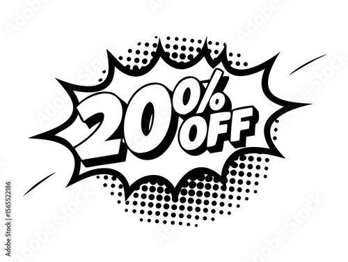 Sound effect bubble with exclamation ‘20%off!’ in retro halftone comic book style
