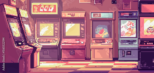 Nostalgic pixel art of vintage arcade video games in an empty amusement arcade