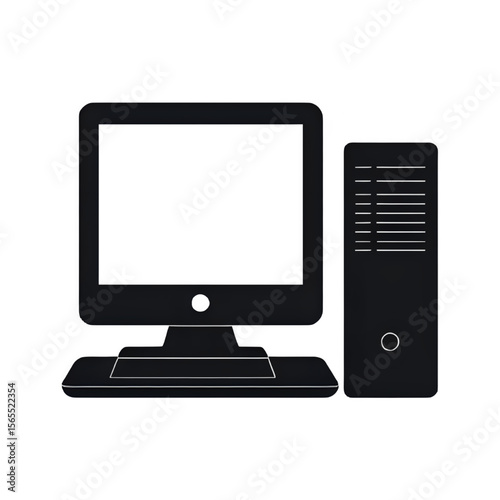 Desktop computer pc with monitor and tower case vector graphic illustration silhouette