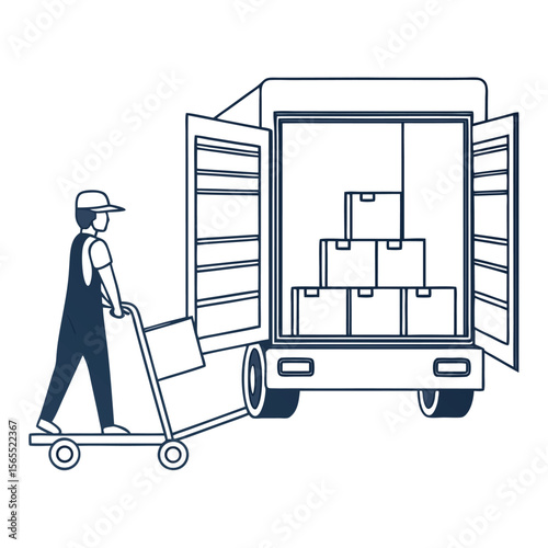 Delivery worker with hand truck unloading boxes from truck