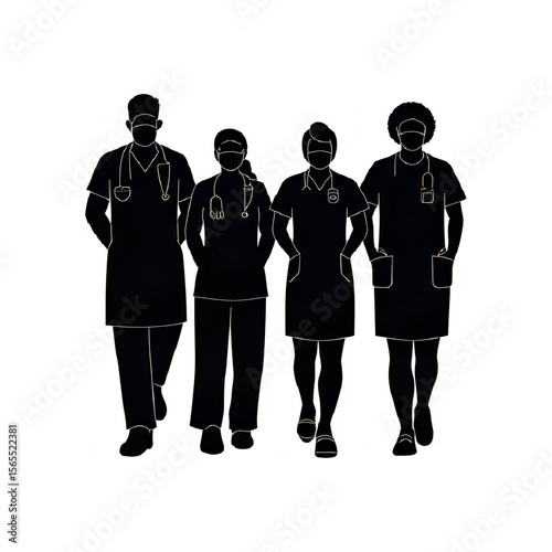 Medical team of doctors nurses healthcare workers in scrubs silhouette art