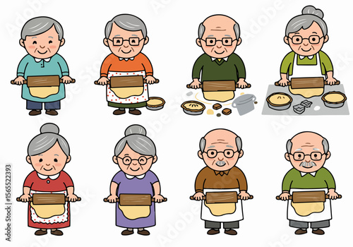 Cartoon illustrations of happy senior citizens baking, rolling out pastry dough for pies and cookies, set of male and female characters