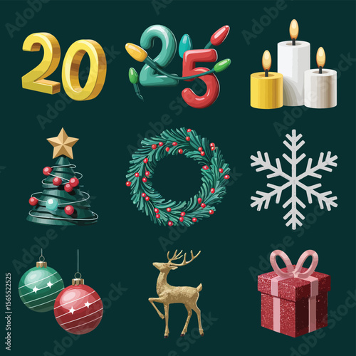 vector Happy New Year Celebrating 2025 in Latin letters , Christmas Decoration Items Santa Claus
