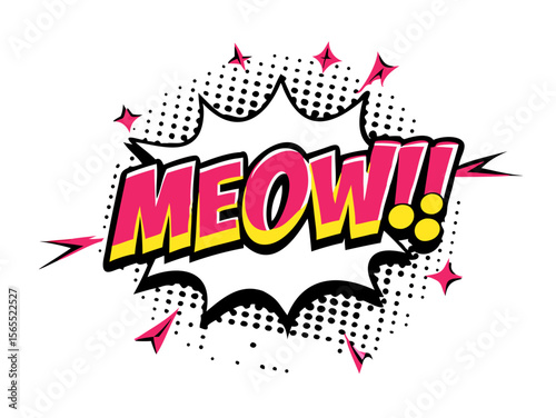 Sound effect bubble with exclamation ‘Meow!’ in retro halftone comic book style
