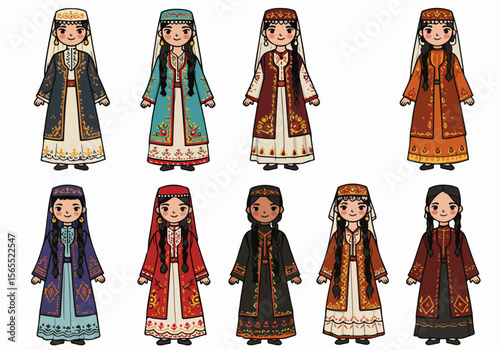 Illustration Set of Eight Cartoon Girls in Colorful Traditional Ethnic Clothing and Headwear, Depicting Cultural Diversity.