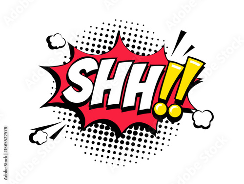 Sound effect bubble with exclamation ‘Shh!’ in retro halftone comic book style
