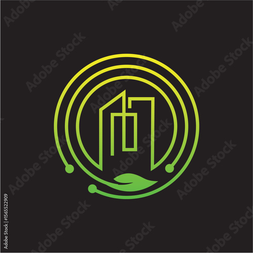 Green Energy Building Logo with Circular Tech and Eco Elements on Black

