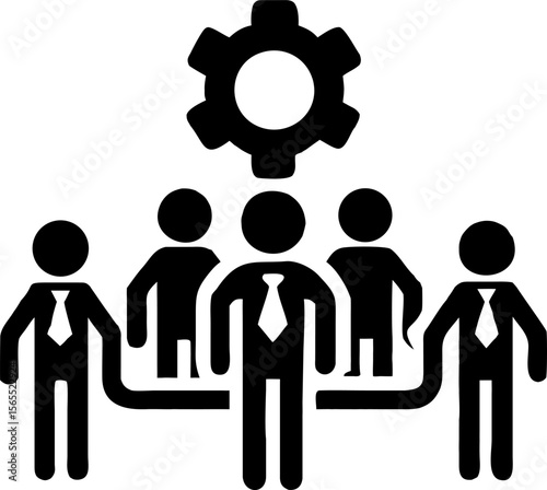 Here's one sentence describing the image: a business team leader with diverse people and gears symbolizing conceptual teamwork and success