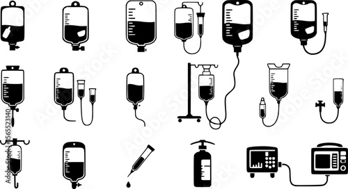 Black and White IV Drip Bags: Medical Icons and Silhouette Art
