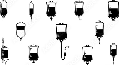 Black and White IV Drip Bags: Medical Icons and Silhouette Art
